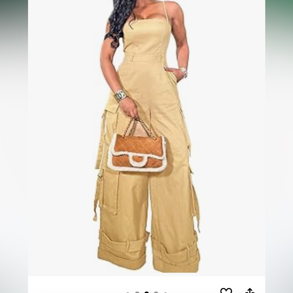 Women's Yellow/Cream Brown Cargo Jumpsuit - Picture 3 of 7